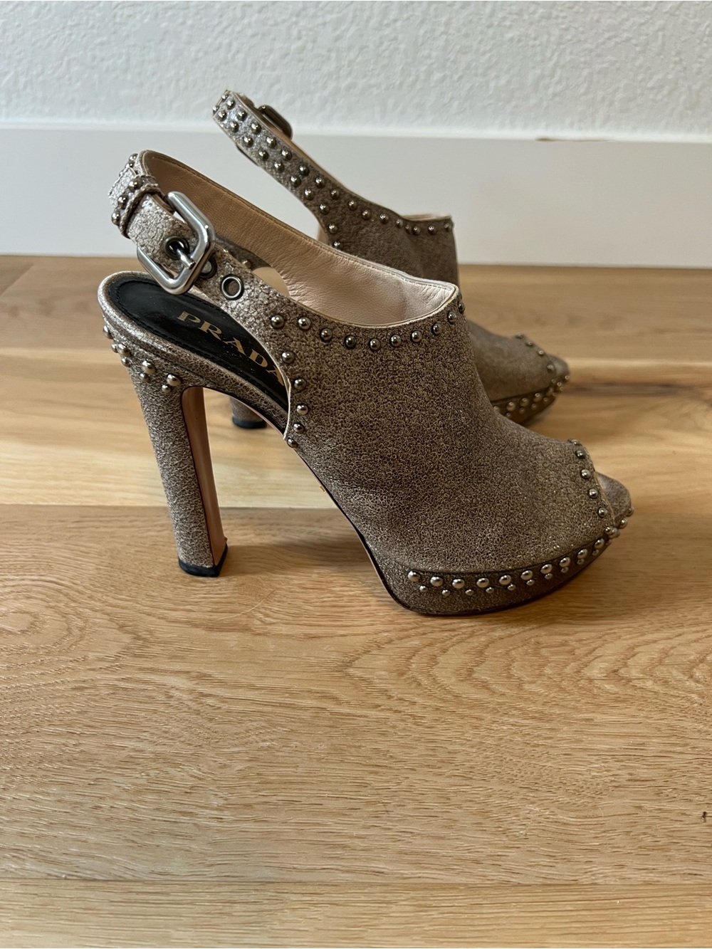 Prada Studded Peep-Toe Slingback Heels Size 36.5